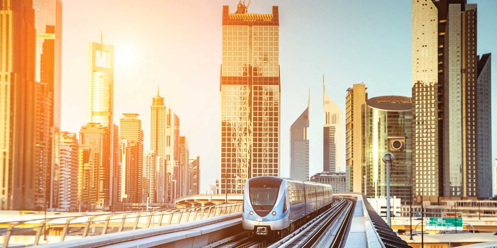 Dubai Metro Train travelling through the city