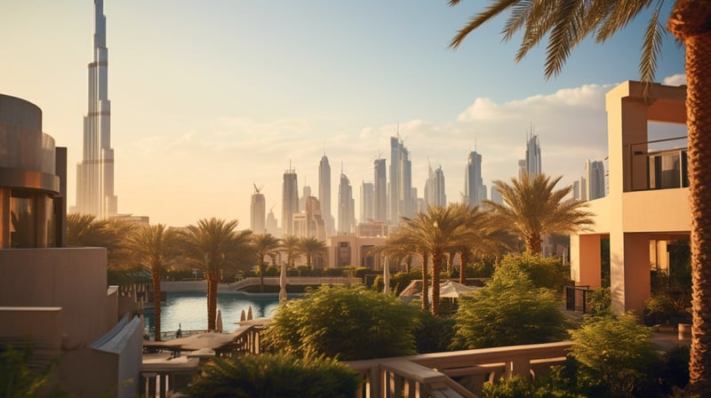 a neighbourhood of dubai with palm trees, burj khalifa and the dubai skyline at the background
