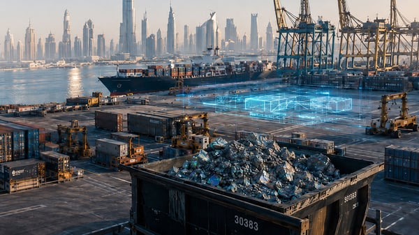 Dubai port with critical minerals shipment and digital container overlay, skyline in background